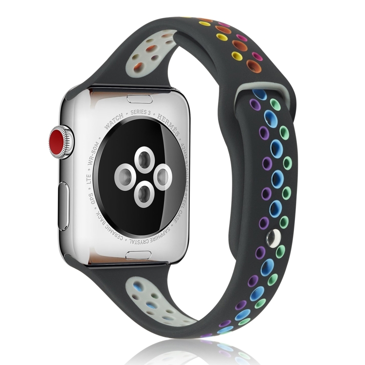Rainbow Silicone Watch Band For Apple Watch Ultra 49mm&Watch Ultra 2 49mm / Series 9&8&7 45mm / SE 3&SE 2&6&SE&5&4 44mm / 3&2&1 42mm(Black)