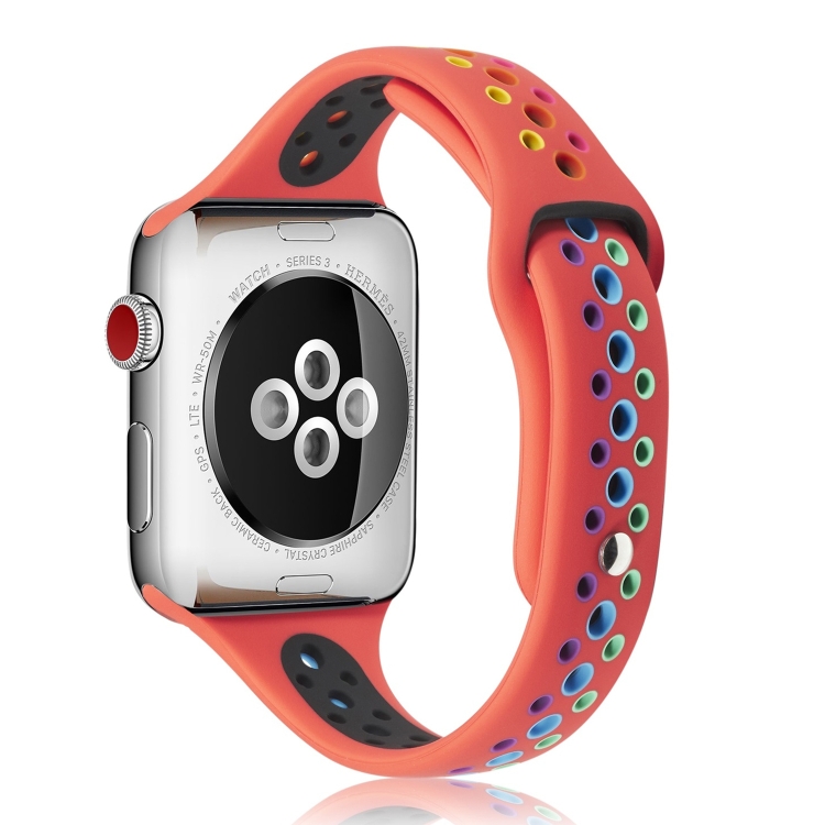 Rainbow Silicone Watch Band For Apple Watch Ultra 49mm&Watch Ultra 2 49mm / Series 9&8&7 45mm / SE 3&SE 2&6&SE&5&4 44mm / 3&2&1 42mm(Red)
