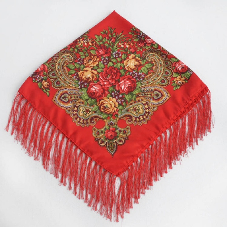Red Ethnic Style Retro Tassel Square Scarf Flower Pattern Headscarf Scarf, Size:90 x 90cm