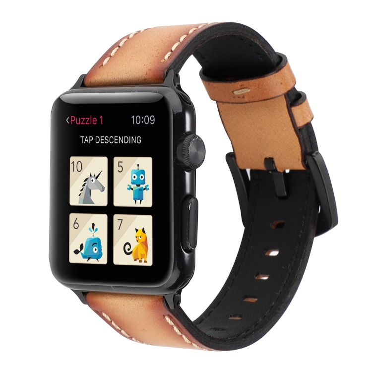 Retro Head-layer Cowhide Genuine Leather Watch Band For Apple Watch Series 9&8&7 41mm / SE 3&SE 2&6&SE&5&4 40mm / 3&2&1 38mm(Light Brown)