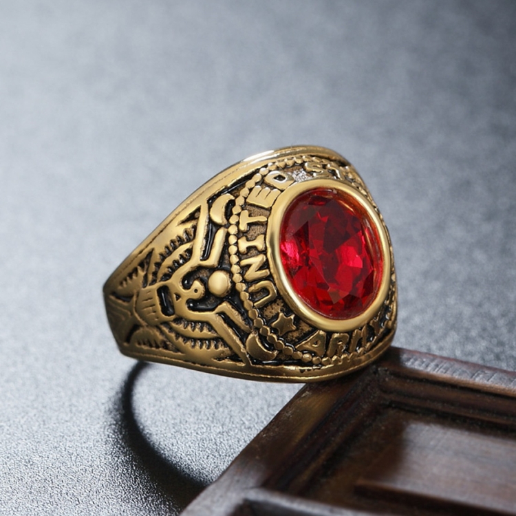 Retro Round Gemstone Carved Soldier Army Military Titanium Steel Ring for Men, US Size: 10, Diameter: 19.9mm, Perimeter: 62.4mm(Red)