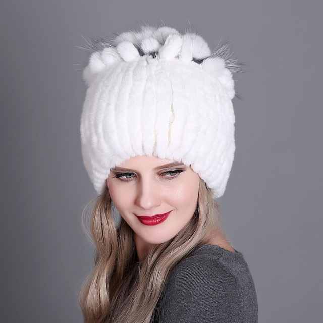 Rex Rabbit Fur Woven Female Models Leather Warm Thickening Colorful Knit Hat(color11)