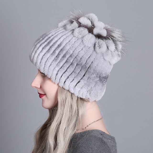 Rex Rabbit Fur Woven Female Models Leather Warm Thickening Colorful Knit Hat(color12)