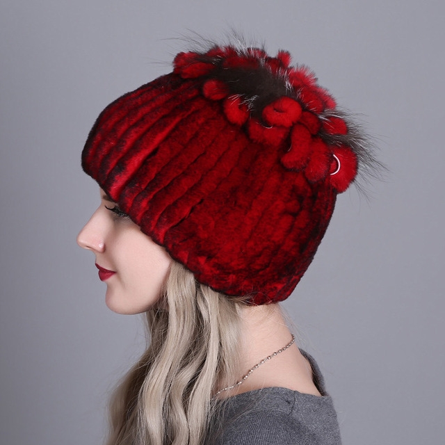 Rex Rabbit Fur Woven Female Models Leather Warm Thickening Colorful Knit Hat(color13)