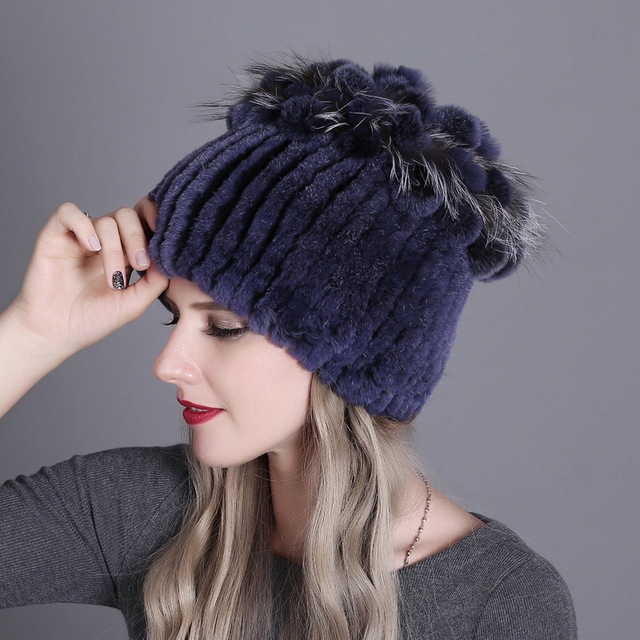 Rex Rabbit Fur Woven Female Models Leather Warm Thickening Colorful Knit Hat(color14)