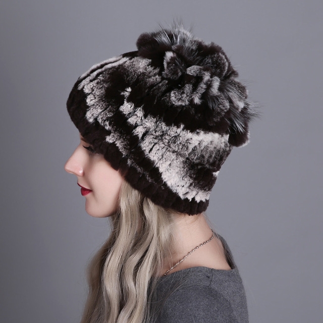 Rex Rabbit Fur Woven Female Models Leather Warm Thickening Colorful Knit Hat(color17)