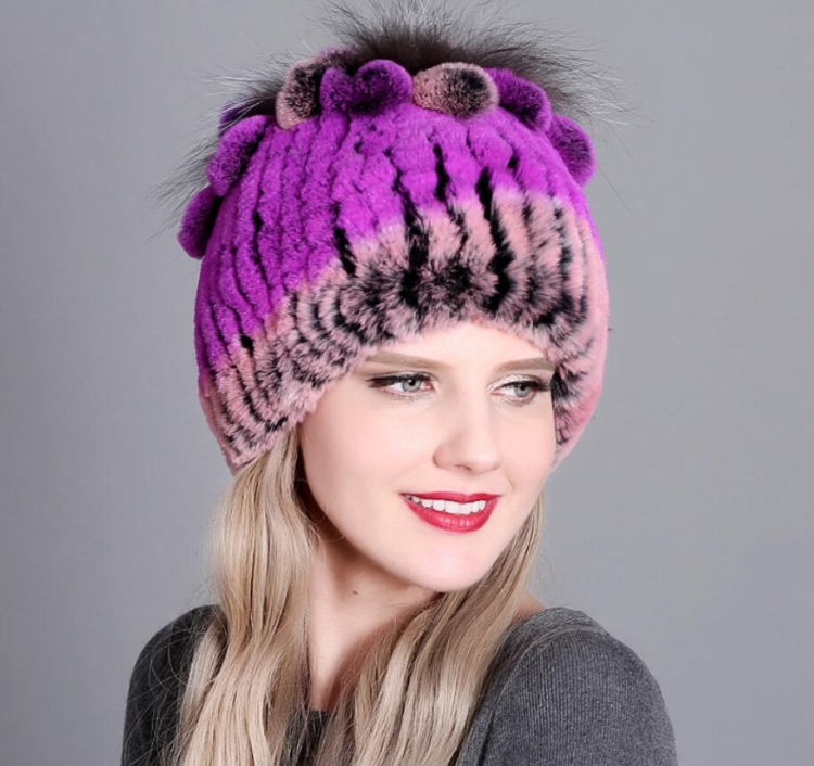 Rex Rabbit Fur Woven Female Models Leather Warm Thickening Colorful Knit Hat(Color19)