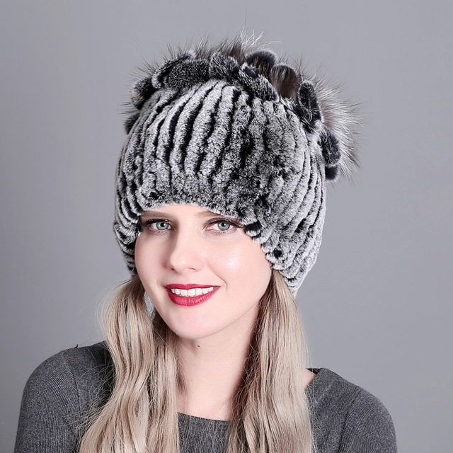 Rex Rabbit Fur Woven Female Models Leather Warm Thickening Colorful Knit Hat(color2)