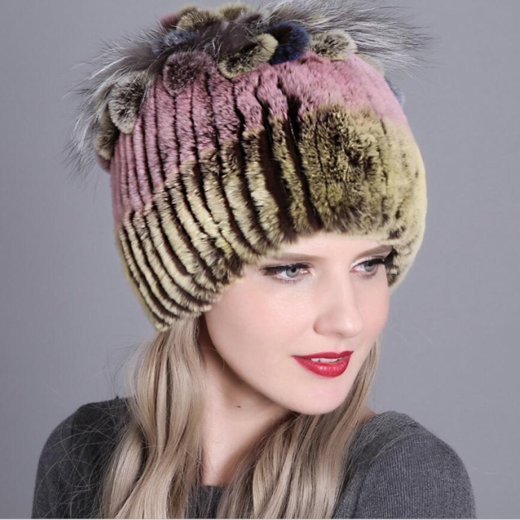 Rex Rabbit Fur Woven Female Models Leather Warm Thickening Colorful Knit Hat(Color22)
