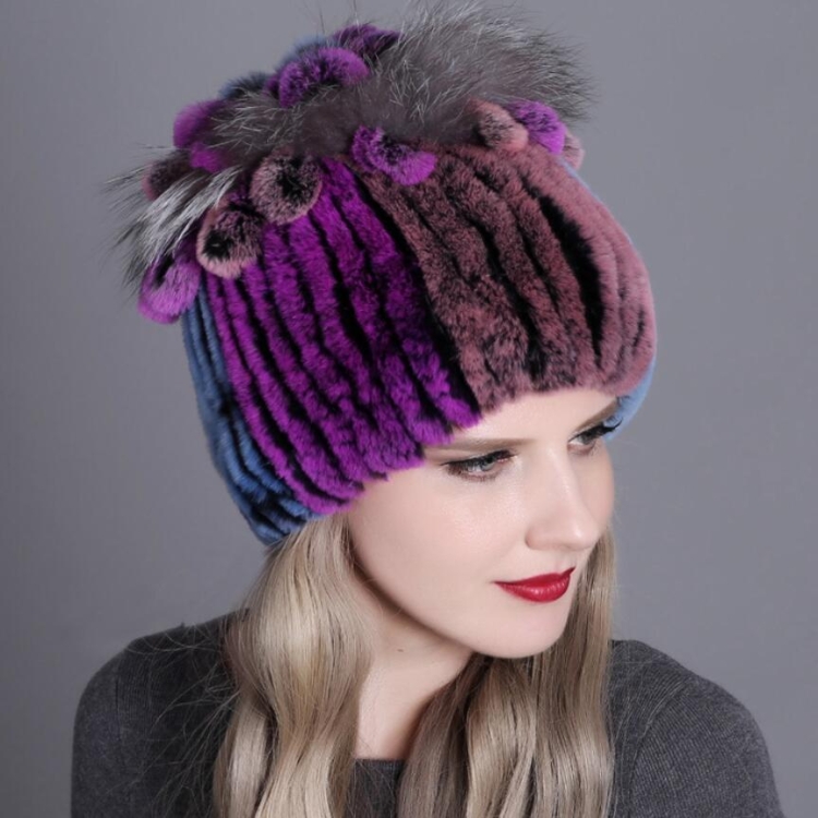 Rex Rabbit Fur Woven Female Models Leather Warm Thickening Colorful Knit Hat(Color23)