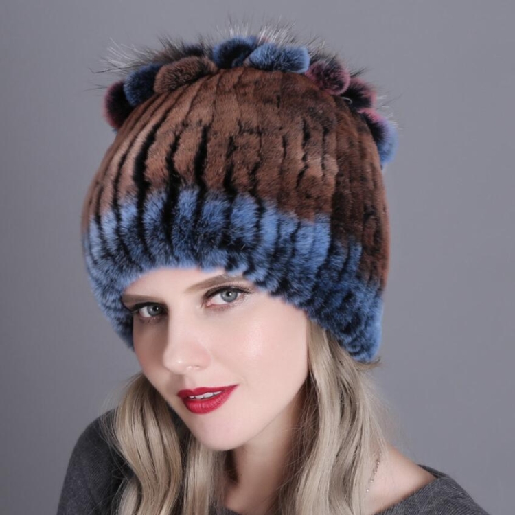 Rex Rabbit Fur Woven Female Models Leather Warm Thickening Colorful Knit Hat(Color25)