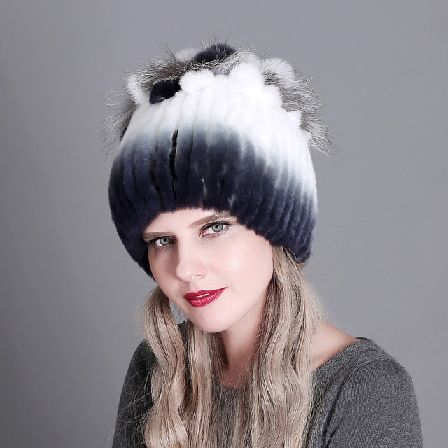 Rex Rabbit Fur Woven Female Models Leather Warm Thickening Colorful Knit Hat(color4)