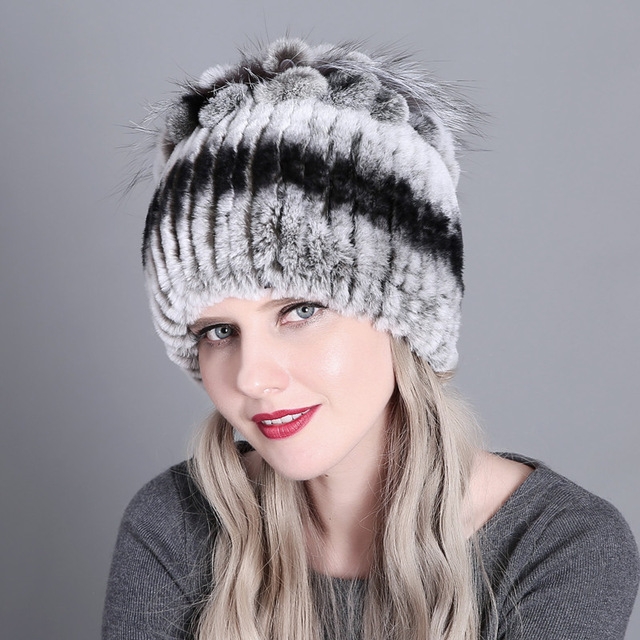 Rex Rabbit Fur Woven Female Models Leather Warm Thickening Colorful Knit Hat(color5)