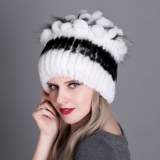 Rex Rabbit Fur Woven Female Models Leather Warm Thickening Colorful Knit Hat(color6)
