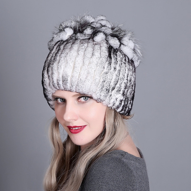 Rex Rabbit Fur Woven Female Models Leather Warm Thickening Colorful Knit Hat(color7)
