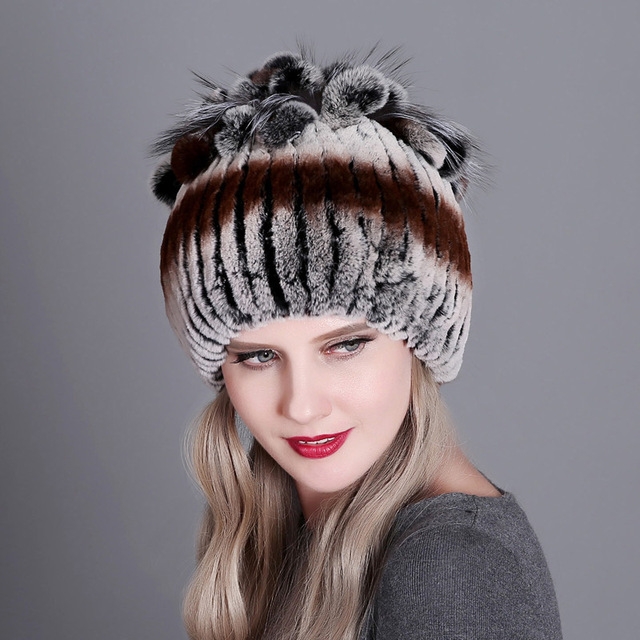 Rex Rabbit Fur Woven Female Models Leather Warm Thickening Colorful Knit Hat(color8)