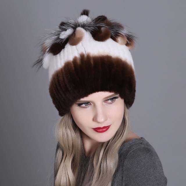 Rex Rabbit Fur Woven Female Models Leather Warm Thickening Colorful Knit Hat(color9)