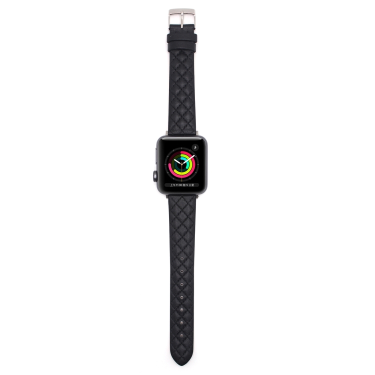 Rhombus Top Layer Cowhide Leather Watch Band For Apple Watch Series 10 42mm / 9&8&7 41mm / SE 3&SE 2&6&SE&5&4 40mm / 3&2&1 38mm (Black)