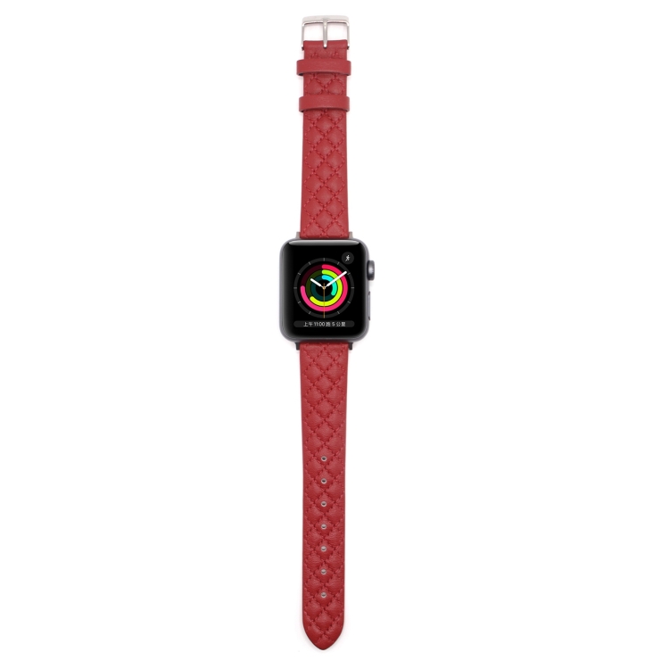 Rhombus Top Layer Cowhide Leather Watch Band For Apple Watch Ultra 49mm&Watch Ultra 2 49mm / Series 10 46mm / 9&8&7 45mm / SE 3&SE 2&6&SE&5&4 44mm / 3&2&1 42mm (Red)