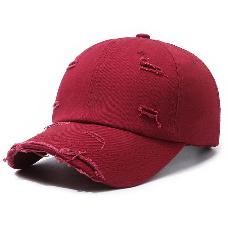 Ripped Baseball Cap Solid Color Distressed Casual Sun Hat, Color: Red