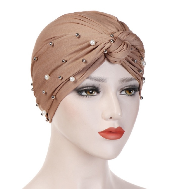 Rivet Pearl Turban Cap Wrap Cap(Light Brown)