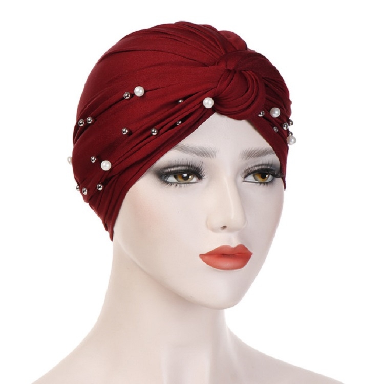 Rivet Pearl Turban Cap Wrap Cap(Red Wine)