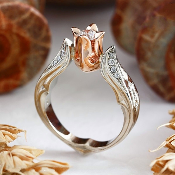 Rose Flower with Diamond Wedding Ring for Women, Ring size:10