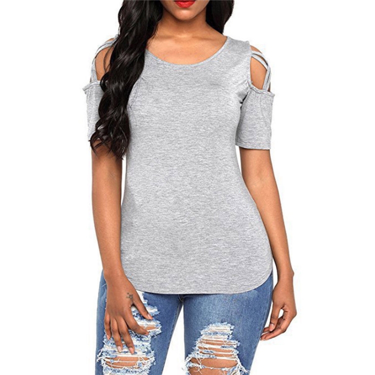 Round Neck Short-sleeved Off-the-shoulder Blouse T-shirt, Size: M(Gray)