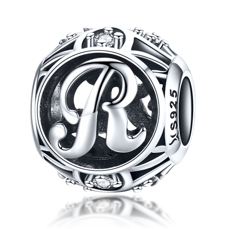 S925 Sterling Silver 26 English Letter Beads DIY Bracelet Necklace Accessories, Style:R