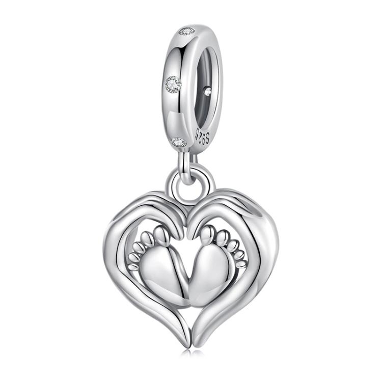 S925 Sterling Silver Heart Footprint Pendant Mother Day Beads(SCC3046)