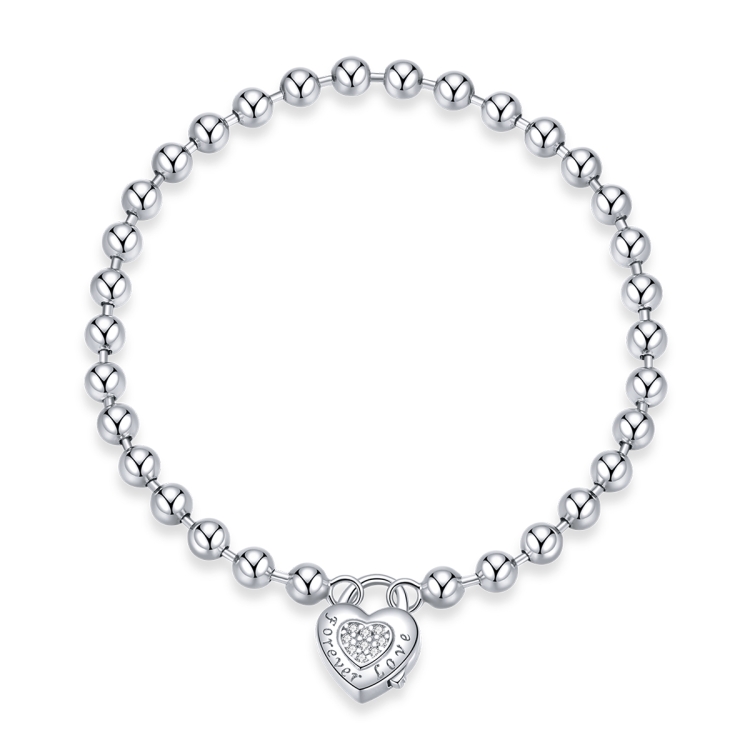 S925 Sterling Silver Heart-shaped Punk Beads Women Bracelet Jewelry, Size:19cm