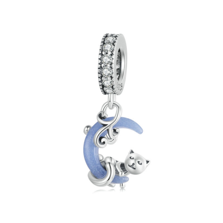 S925 Sterling Silver Luminous Cute Moon Cat DIY Pendant Beads(SCC2747)