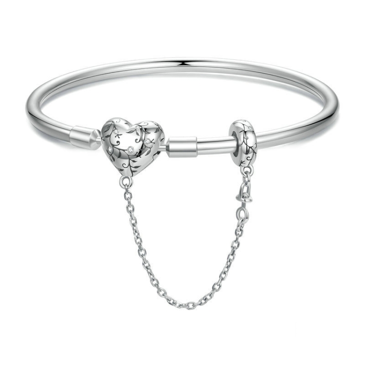 S925 Sterling Silver Oxidized Retro Heart Pattern Bracelet, Size: 19cm