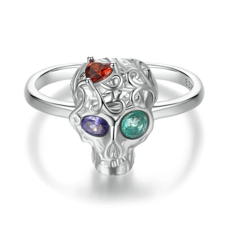 S925 Sterling Silver Platinum-plated Adjustable Skull Open Ring(BSR607-E)