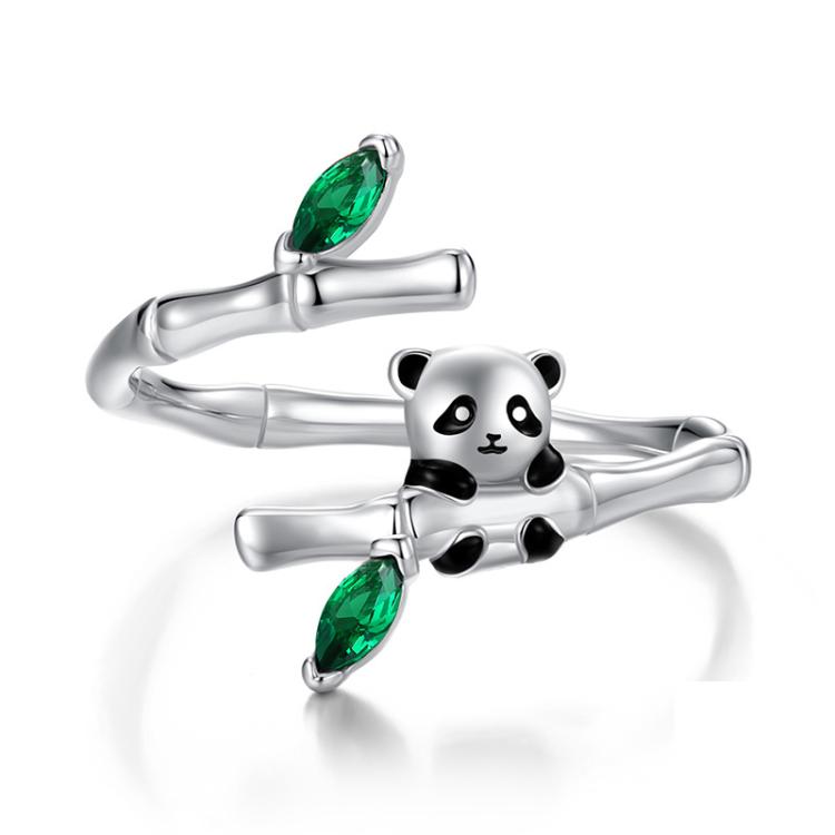 S925 Sterling Silver Platinum-plated Bamboo Panda Adjustable Open Ring(SCR1092-E)
