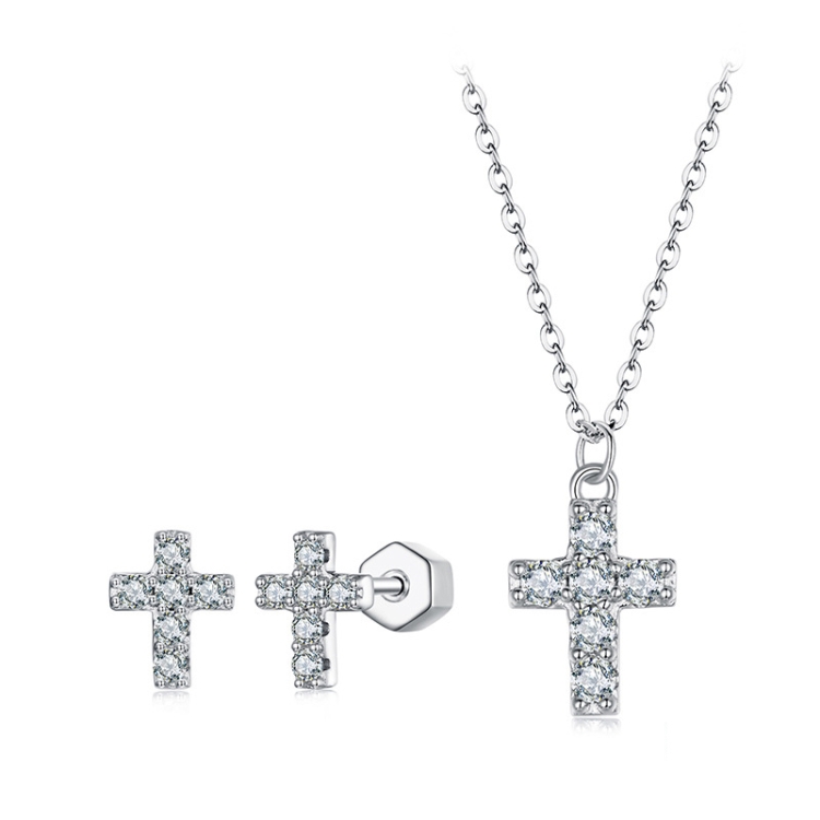 S925 Sterling Silver Platinum-plated Cross Moissanite Necklace Earring Set(Set)