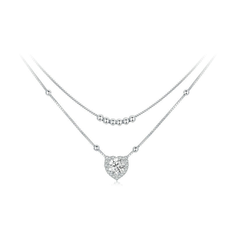S925 Sterling Silver Platinum Plated Double Layer Moissanite Clavicle Necklace(MSN033)