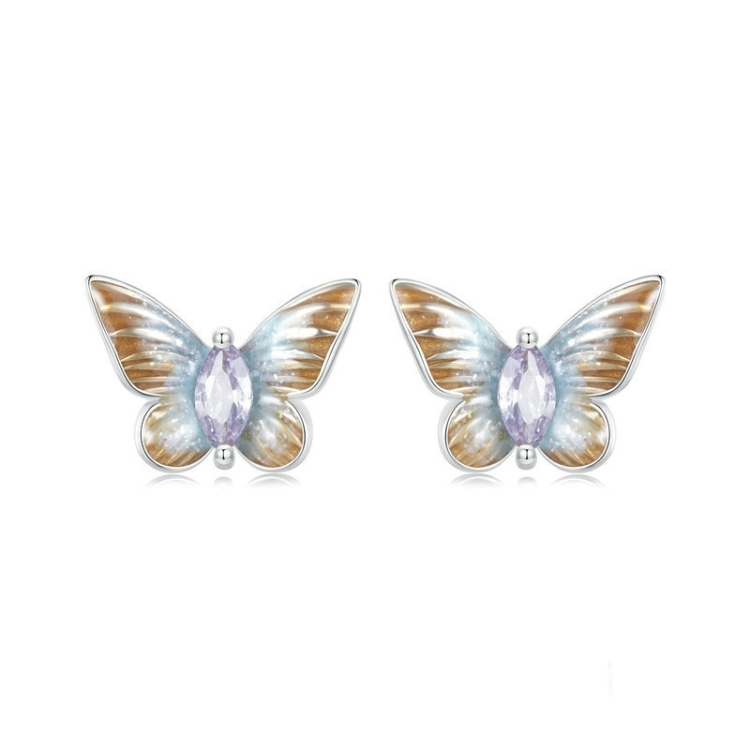 S925 Sterling Silver Platinum Plated Gradient Enamel Butterfly Earrings(BSE993)