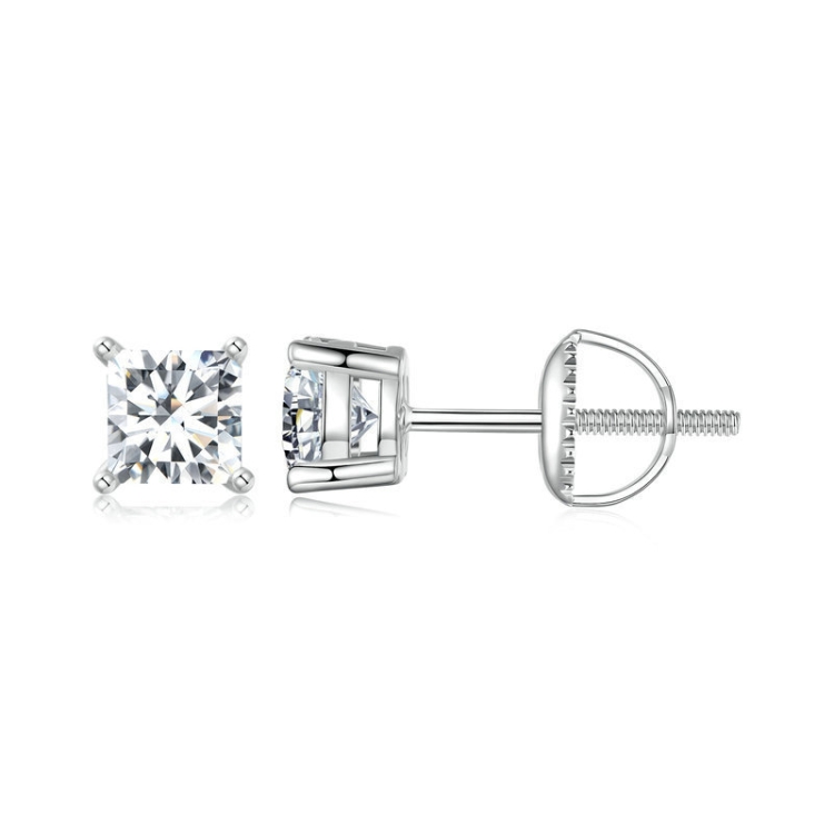 S925 Sterling Silver Platinum-plated Sparkling Square Moissanite Princess Earrings, Size: L