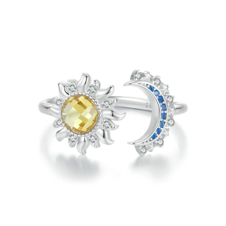 S925 Sterling Silver Platinum-plated Sun Moon Adjustable Open Ring(BSR546-E)