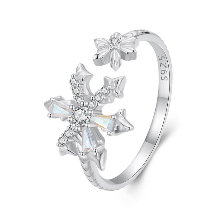 S925 Sterling Silver Platinum Zircon Winter Snowflake Open Adjustable Ring(BSR628-E)