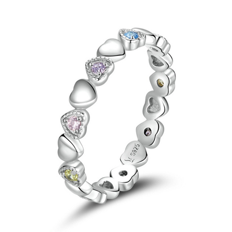 S925 Sterling Silver Rainbow Heart Women Ring, Size:6