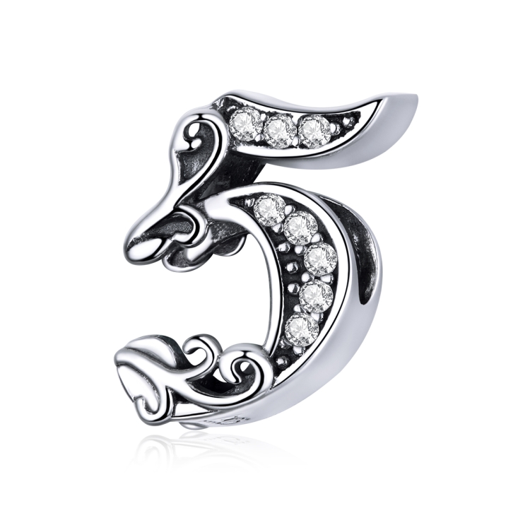 S925 Sterling Silver Relief Number Series 0-9 Beads DIY Bracelet Necklace Accessories, Style:5