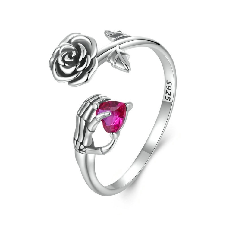 S925 Sterling Silver Rose Skull Hand Open Ring Adjustable Ring(BSR606-E)