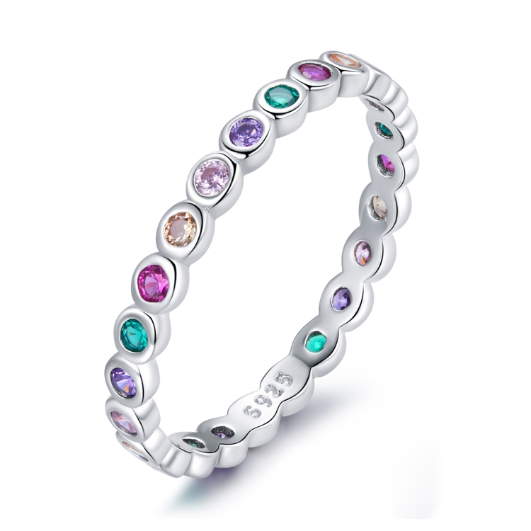S925 Sterling Silver Simple Colorful Zircon Women Ring, Size:7