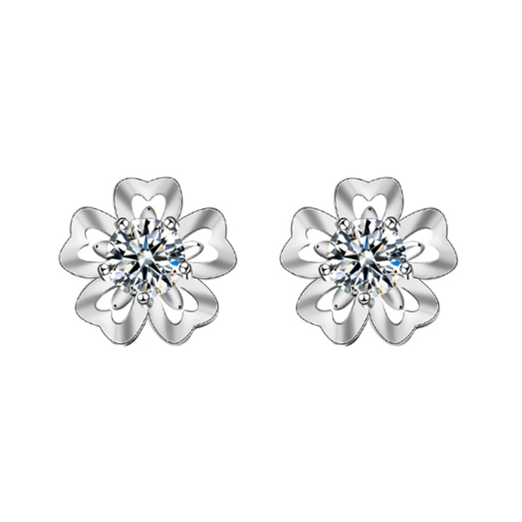 Sakura Earrings 925 Silver Needle Flower Earrings(50 Points Mosan Diamond White Gold)