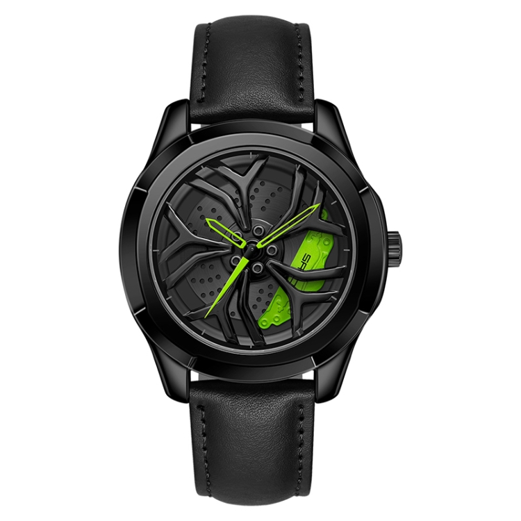 SANDA 1065 3D Hollow Out Wheel Non-rotatable Dial Quartz Watch for Men, Style:Leather Belt(Black Green)