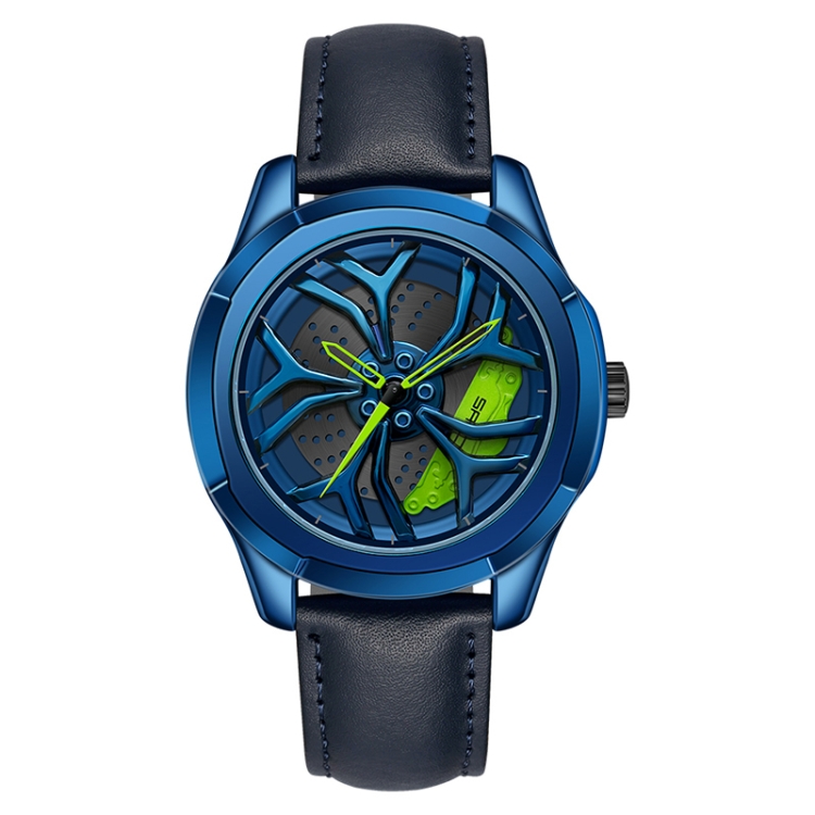 SANDA 1065 3D Hollow Out Wheel Non-rotatable Dial Quartz Watch for Men, Style:Leather Belt(Blue Green)