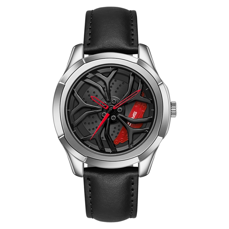 SANDA 1065 3D Hollow Out Wheel Non-rotatable Dial Quartz Watch for Men, Style:Leather Belt(Silver Red)