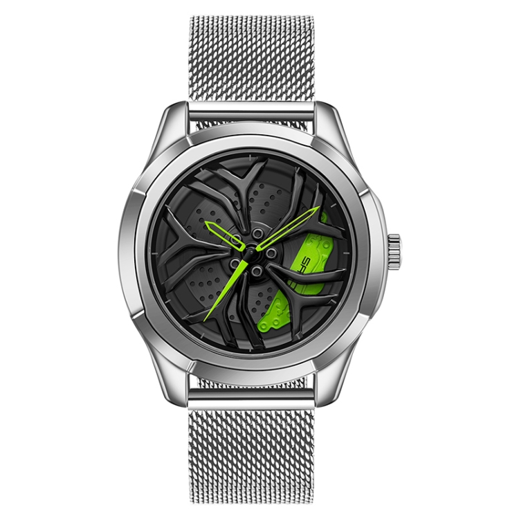 SANDA 1065 3D Hollow Out Wheel Non-rotatable Dial Quartz Watch for Men, Style:Mesh Belt(Silver Green)
